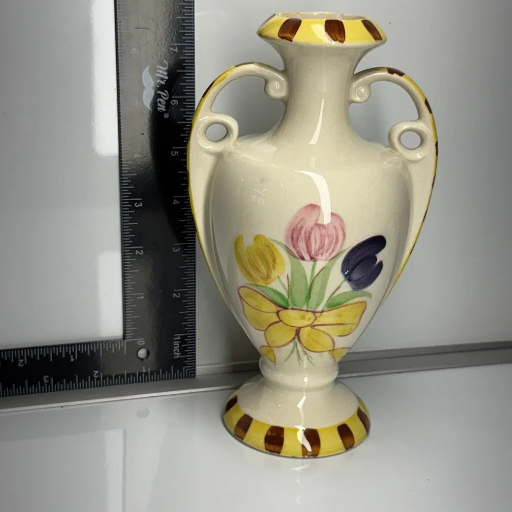 Vintage Ceramic Vase Decorative Tulips Yellow Ribbon‎ Handles